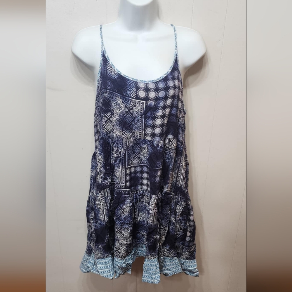 Ocean‎ Drive Dress Large Blue Navy Patterned Boho Summer Casual C270Z